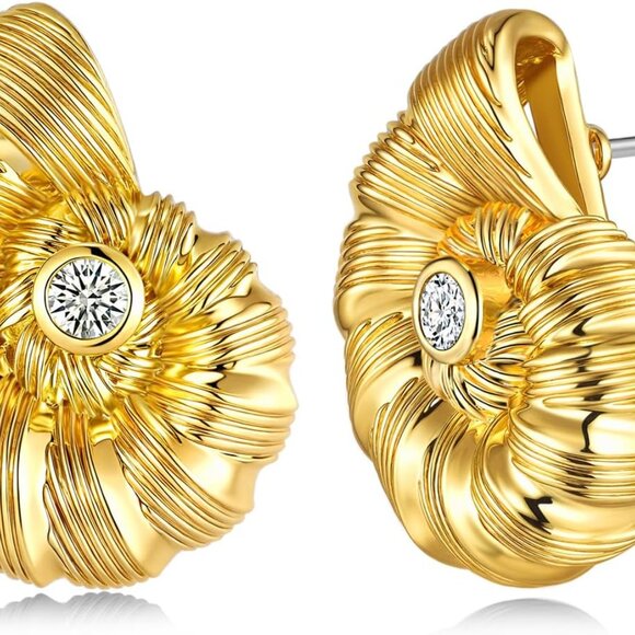Gold Knot Nautilus Shell Stud Earrings for Women, 18K Gold Plated, CZ Fashion Je - Picture 1 of 6